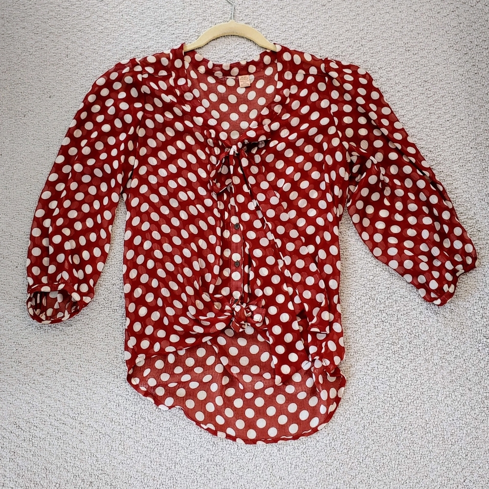 VINTAGE | Drapey Sheer Tie Front Polka-dot Blouse - Picture 1 of 4